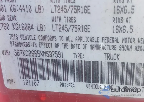 1999 Dodge Ram 2500 St from USA, damaged, VIN 3B7KC2665XM537591